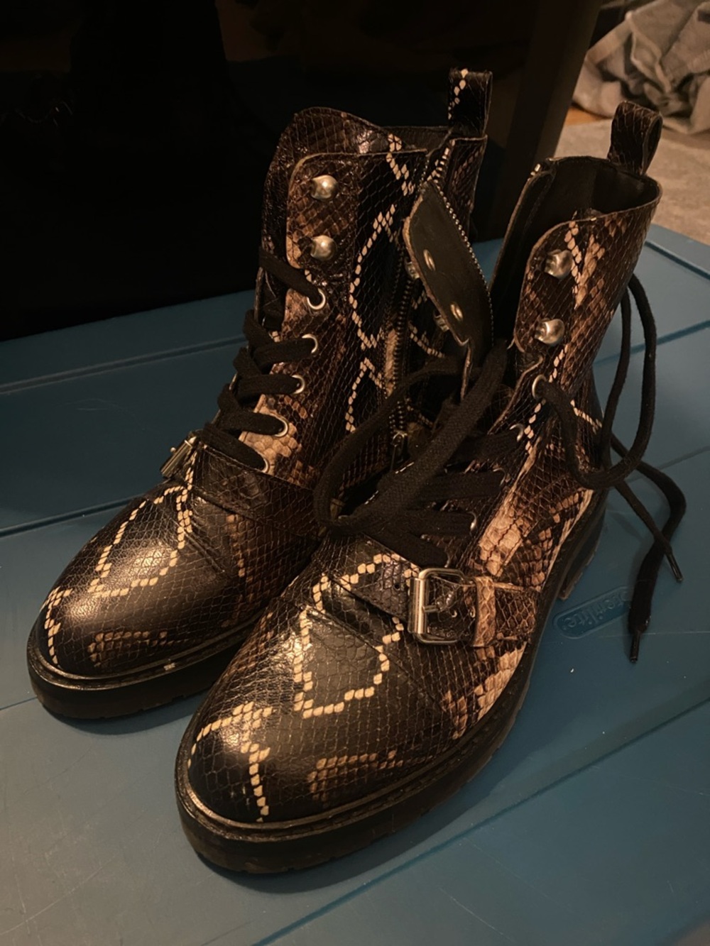 AllSaints Black and Brown Snake-Print Lace-Up Combat Boots